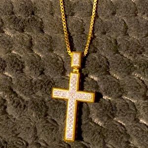 Gold Plated Sterling Silver Cross Chain with Diamonds